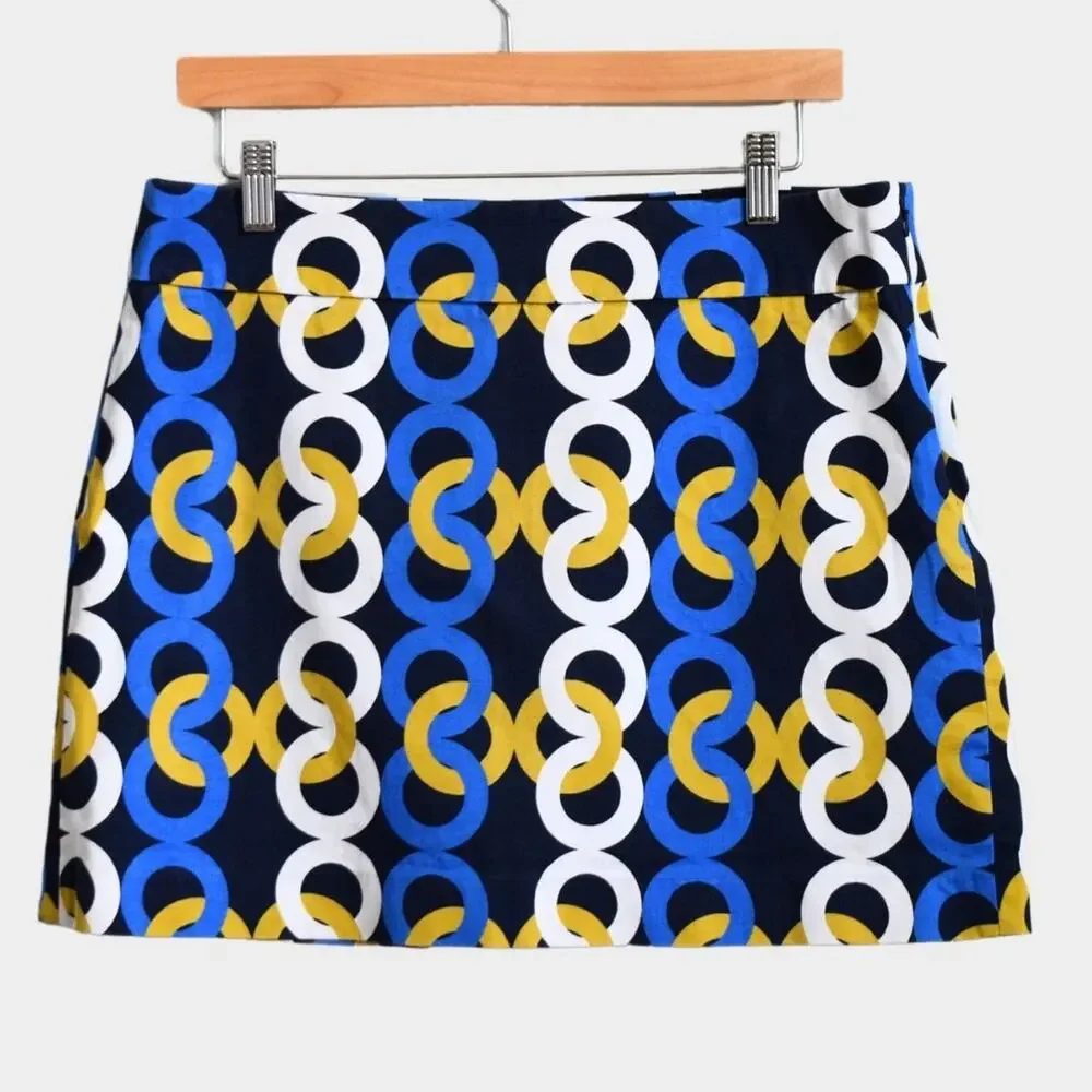J.Crew Geometric Ring Print Mini Skirt Size 10 Navy Blue Mod Retro Stretch